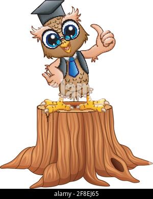 Vector illustration of Cartoon wise owl in graduation cap on tree stump Stock Vector