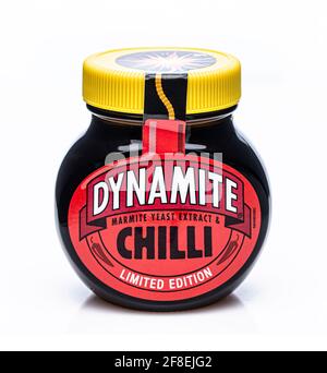 SWINDON, UK - APRIL 14, 2021: Jar of Dynamite Chilli Marmite Limited Edition on a white background Stock Photo