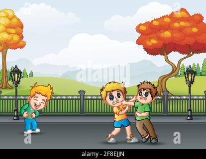 Vector illustration of Cartoon kids fighting on the street Stock Vector