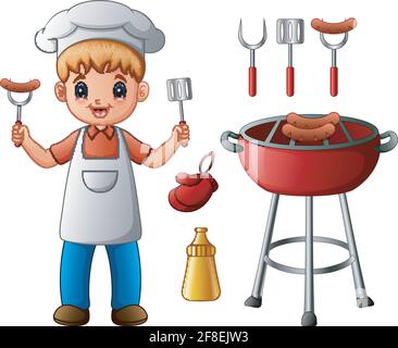 Vector illustration of Boy and BBQ party elements isolated on white background Stock Vector
