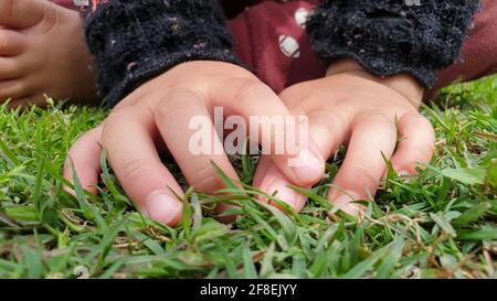 Children playing with teddy bear in a park. Body parts of Kids seems playing with toys. Children often express emotions and thoughts while playing wit Stock Photo