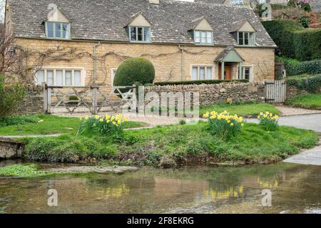 Spring daffodils in the cotswold village of Upper Slaughter. Cotswolds, Gloucestershire, England Stock Photo