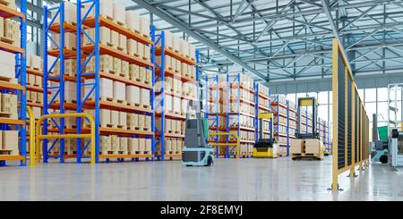AGV robots efficiently sorting hundreds of parcels per hour(Automated guided vehicle) AGV.3d rendering Stock Photo