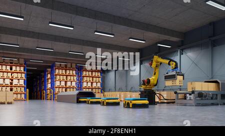 Factory Automation with AGV and robotic arm in transportation to increase transport more with safety.3D rendering Stock Photo