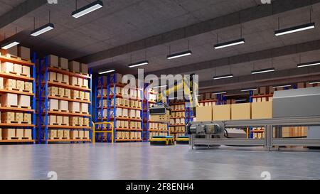 Factory Automation with AGV and robotic arm in transportation to increase transport more with safety.3D rendering Stock Photo