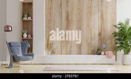 Stand TV on the wooden wall in living room with armchair,minimal design,3d rendering Stock Photo