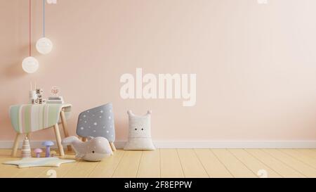 Children working room,Mock up wall in the children's room in light cream color wall background,3d rendering Stock Photo