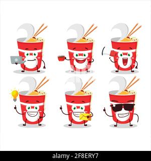 Cup noodles cartoon character with various types of business emoticons. Vector illustration Stock Vector