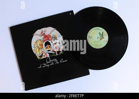 Hard rock, symphonic rock and pop band, Queen music album on vinyl record LP disc. Titled: A Day at the Races Stock Photo
