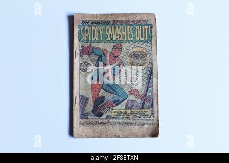 1971 comicbook The Amazing Spiderman! Spidey Smashes Out! Written by Stan Lee. Marvel Tales is the title of the comic-book series published by Marvel Stock Photo