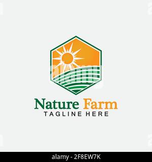 Nature Farm and farming vector logo illustration design. sun farm.Isolated illustration of fields  farm landscape and sun. Concept for agriculture ,ha Stock Vector