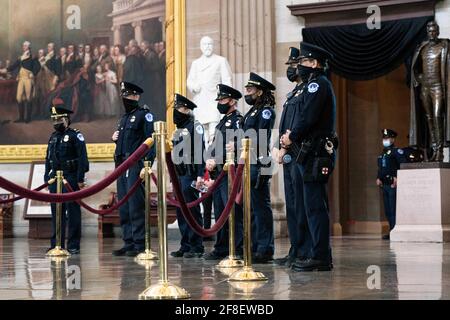 U.S. Capitol Police Officers pay their respects at the casket of the late Officer William 'Billy' Evans during a memorial service as Officer Evans lies in honor in the Rotunda in Washington, DC, on April 13th, 2020. Photo by Anna Moneymaker/Pool/ABACAPRESS.COM Stock Photo