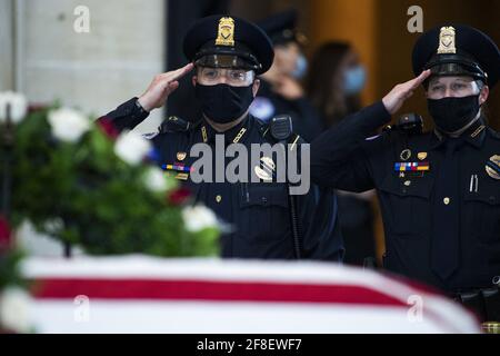 UNITED STATES - APRIL 13: U.S. Capitol Police Officers pay respects to Officer William âÂ€ÂœBillyâÂ€Â Evans, as his remains lie in honor in the Capitol Rotunda in Washington, D.C., on Tuesday, April 13, 2021. Evans was killed when a driver rammed the north barricade of the Capitol on April 2, 2021. Photo By Tom Williams/Pool/ABACAPRESS.COM Stock Photo