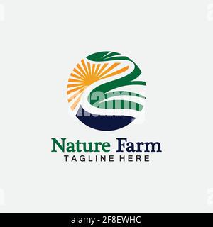 Nature Farm and farming vector logo illustration design. sun farm.Isolated illustration of fields  farm landscape and sun. Concept for agriculture ,ha Stock Vector