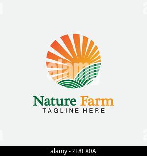 Nature Farm and farming vector logo illustration design. sun farm.Isolated illustration of fields  farm landscape and sun. Concept for agriculture ,ha Stock Vector