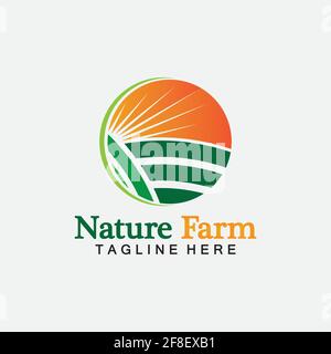 Nature Farm and farming vector logo illustration design. sun farm.Isolated illustration of fields  farm landscape and sun. Concept for agriculture ,ha Stock Vector