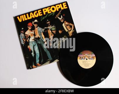 Disco, funk, and soul band, the Village People music album on vinyl record LP disc. Titled: Live and Sleazy Stock Photo