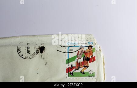 CUBA, CIRCA 1989 - Postage stamp printed in Cuba shows World Cup Football Italy 90, series, circa 1989 used on a piece of mail Stock Photo