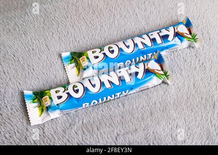 BELARUS, NOVOPOLOTSK - 12 APRIL, 2021: Bounty bar on gray background Stock Photo