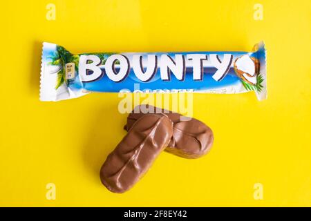 BELARUS, NOVOPOLOTSK - 12 APRIL, 2021: Bounty bar on yellow background Stock Photo