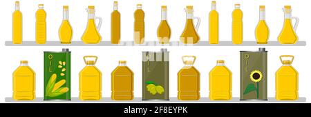 Illustration on theme big kit oil in different glass bottles for cooking food. Glass bottles consisting of fresh useful oil to cooking nutrition. Oil Stock Vector