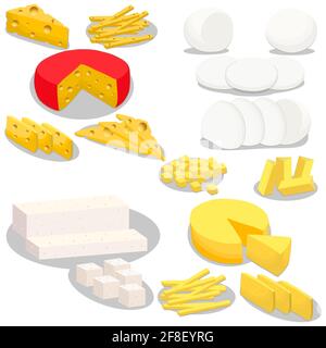 Illustration on theme big kit cheese dairy product, slices of different shapes. Dairy product consisting of fresh useful slices cheese to various sala Stock Vector