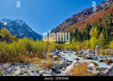 Ala Archa river stream  Taken @Ala Archa National Park, Kyrgiztan Stock Photo