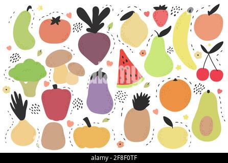 Hand drawn fruits and vegetables set. Healthy food collection. Vector illustration on white background. Bananas, avocado, watermelon, pear, cherries Stock Vector