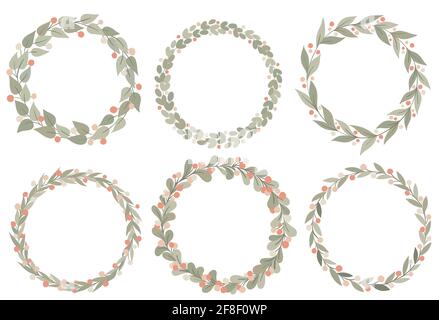 Floral decorative green circle frames collection. Vintage wreath design. Vector illustration set Stock Vector