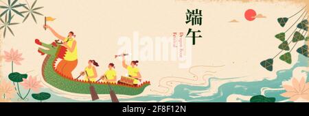 Young Asian rowing dragon boat across the river. Layout design with zongzi, bamboo, and lotus. Duanwu holiday name written in Chinese. Stock Vector
