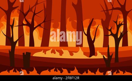 Fire in the forest. Burning wildfire. Vector illustration of burnt landscape, nature disaster, ecology catastrophe in flat style Stock Vector
