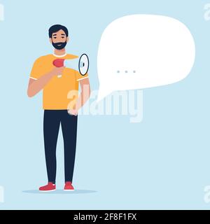 Man holding megaphone, and dialogue speech bubble. Vector illustration in flat style Stock Vector