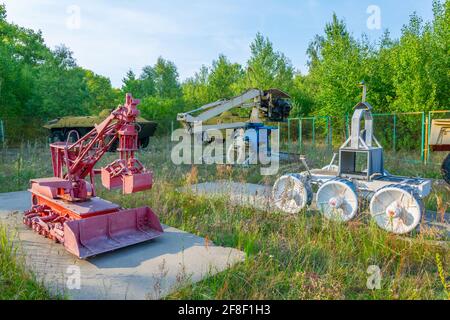 Robots and machines used during liquidation of aftermath of the chernobyl disaster in the Ukraine Stock Photo