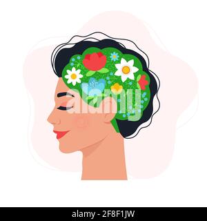 Mental health. Woman's head with flowers in the brain, head. Vector illustration in flat style Stock Vector