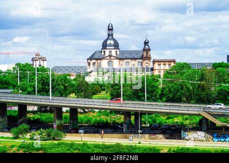 Mannheim cityscape with Castle and Jesuit Church Stock Photo