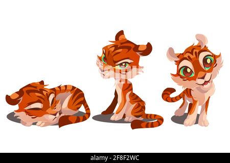 Cute tiger cartoon character, funny animal cub mascot with kawaii muzzle express emotions smiling, grumpy and sleeping. Wild baby kitten with orange striped skin. Vector illustration, isolated set Stock Vector