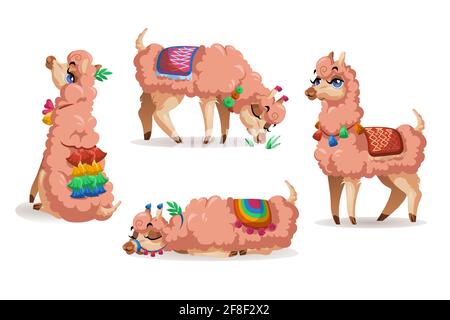 Llama, Peru alpaca animal cartoon set. Lama Mexican character, mascot with cute face wear tassels on ears and blanket different poses sitting, sleeping, grazing and stand isolated on white background Stock Vector