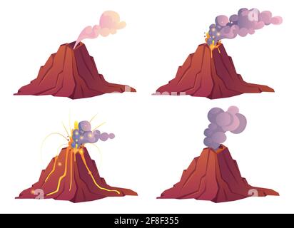 Volcanic eruption stages. Volcano erupts with hot lava, fire and clouds of smoke, ash and gases. Vector cartoon set of mountain with crater and flow magma isolated on white background Stock Vector