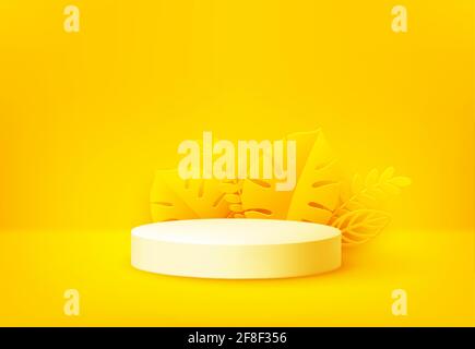 Bright yellow product podium surrounded by paper cut tropical palm leaves on a yellow backdrop. Background design for advertising leaflet, banner Stock Vector