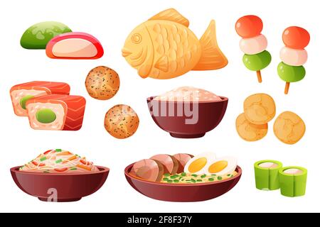 Rice in bowl, soup ramen with noodles and eggs. Traditional japanese food cooked from rice. Vector cartoon set with sushi, taiyaki fish, chips, dango, wagashi and mochi isolated on white background Stock Vector