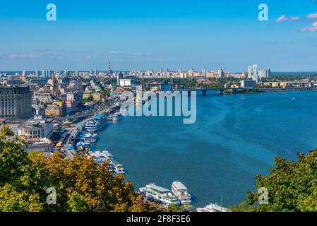 Aerial view of Dnieper riverside in Kyiv, Ukraine Stock Photo