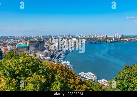 Aerial view of Dnieper riverside in Kyiv, Ukraine Stock Photo