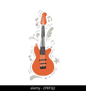 Vector illustration on orange and black modern electric guitar of black and orange color hand drawn with minimalist flat style playing rock music amidst gray ornaments and notes Stock Vector