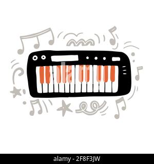 Vector illustration of minimalist black digital keyboard with orange and white keys hand drawn with flat style amidst abstract gray ornaments and notes as symbol of modern music creation Stock Vector