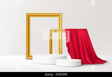 Realistic white Product podium with golden picture frames and red silk drapery over white background. Blank background for product advertising. Vector Stock Vector