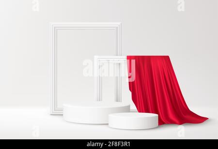 Realistic white Product podium with white picture frames and red silk drapery over white background. Blank background for product advertising. Vector Stock Vector