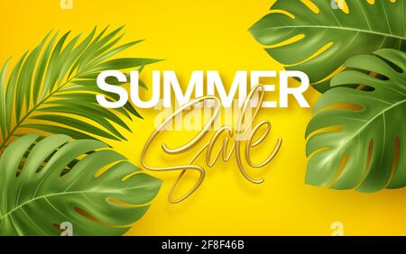 Golden lettering Summer Sale on Bright yellow summer background with tropical realistic monstera and palm leaves. Background design for advertising Stock Vector