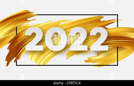Calendar header 2022 number on abstract golden color paint brush strokes background. Happy 2022 new year golden background. Vector illustration