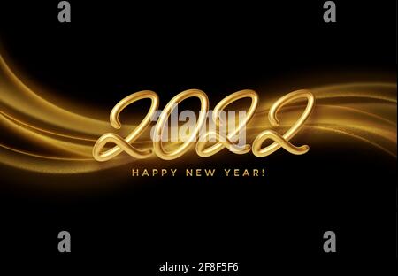 Calendar header 2022 with golden waves swirl with golden sparkles on black background. Happy new year 2022 golden waves background. Vector Stock Vector