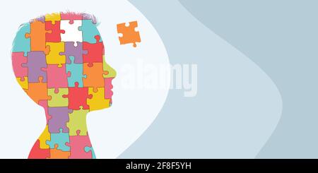 Banner copy space. Autism syndrome concept. Jigsaw Puzzle that forms the head of a child s profile. Learning support and education. Mind and brain Stock Vector